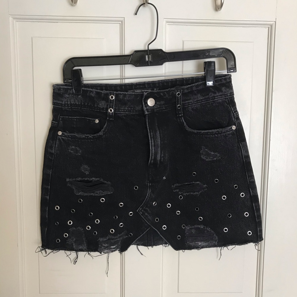 Black mini denim skirt